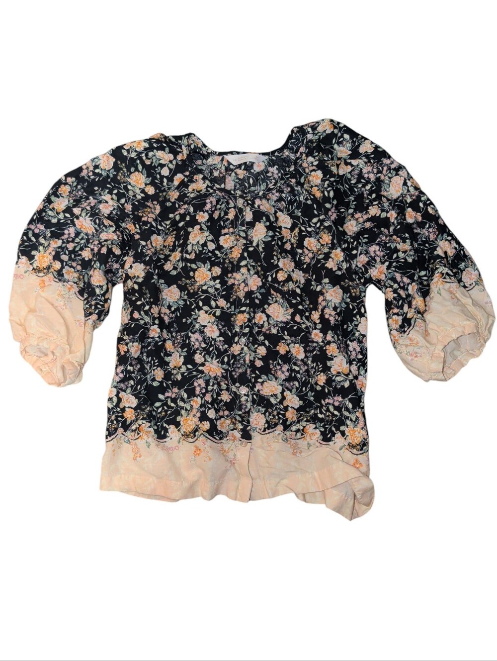 LC Lauren Conrad Black Floral Peasant Blouse with Cream Accents
